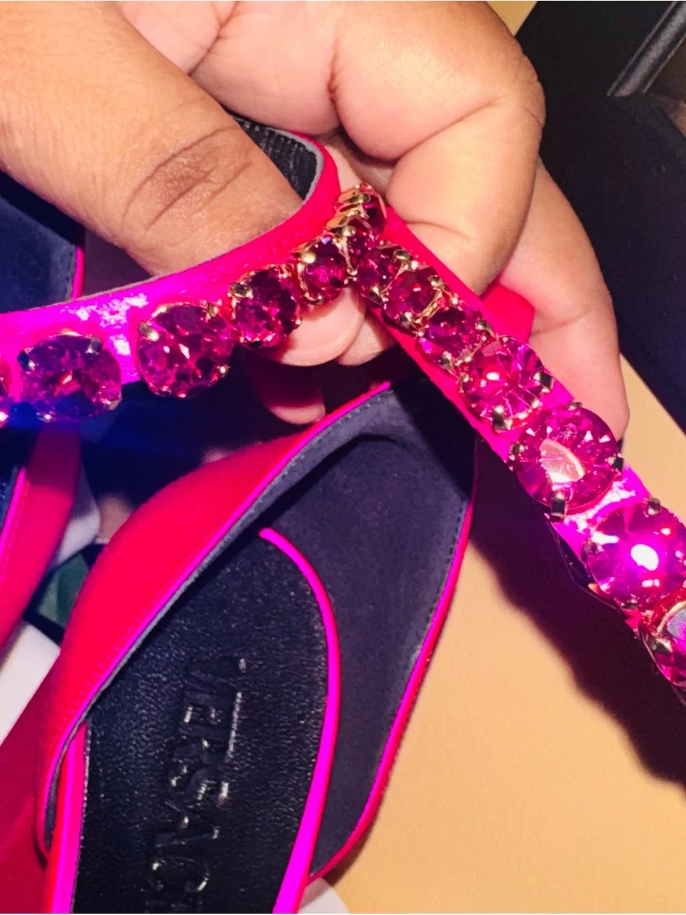 Versace Hot Pink Platform Mary Jane Heels with Gold Chain Ankle Strap